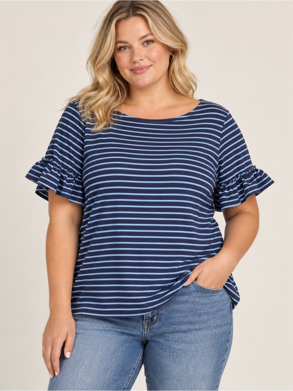 Sail to Sable Navy and Light Blue Striped Ruffle Sleeve Tee